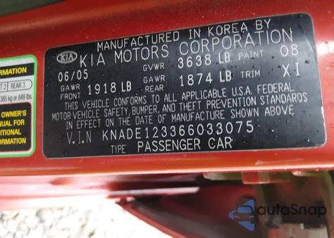 2006 Kia Rio Lx z USA, uszkodzony, nr VIN KNADE123366033075